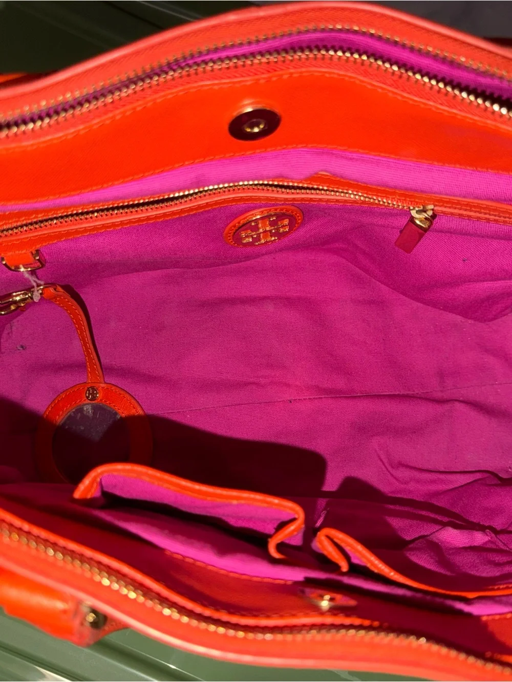 Tory Burch Orange Robinson Double Zip Top Handle Tote with Gold Logo